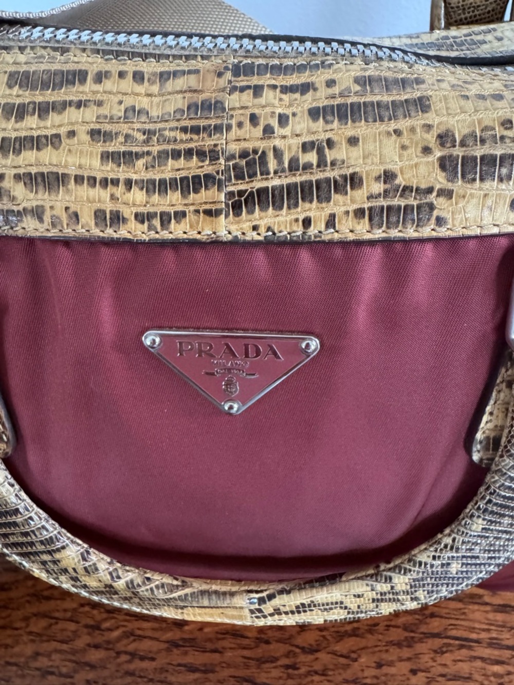 Prada Tessuto Ouverture Burgundy Nylon Lizard Leather Satchel/Shoulder Bag w/COA - Picture 2 of 12